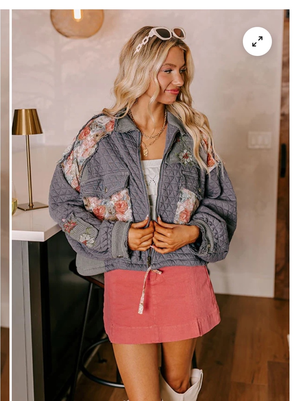 POL Quilted Floral Patchwork Bomber Jacket - Gray with Pink Floral